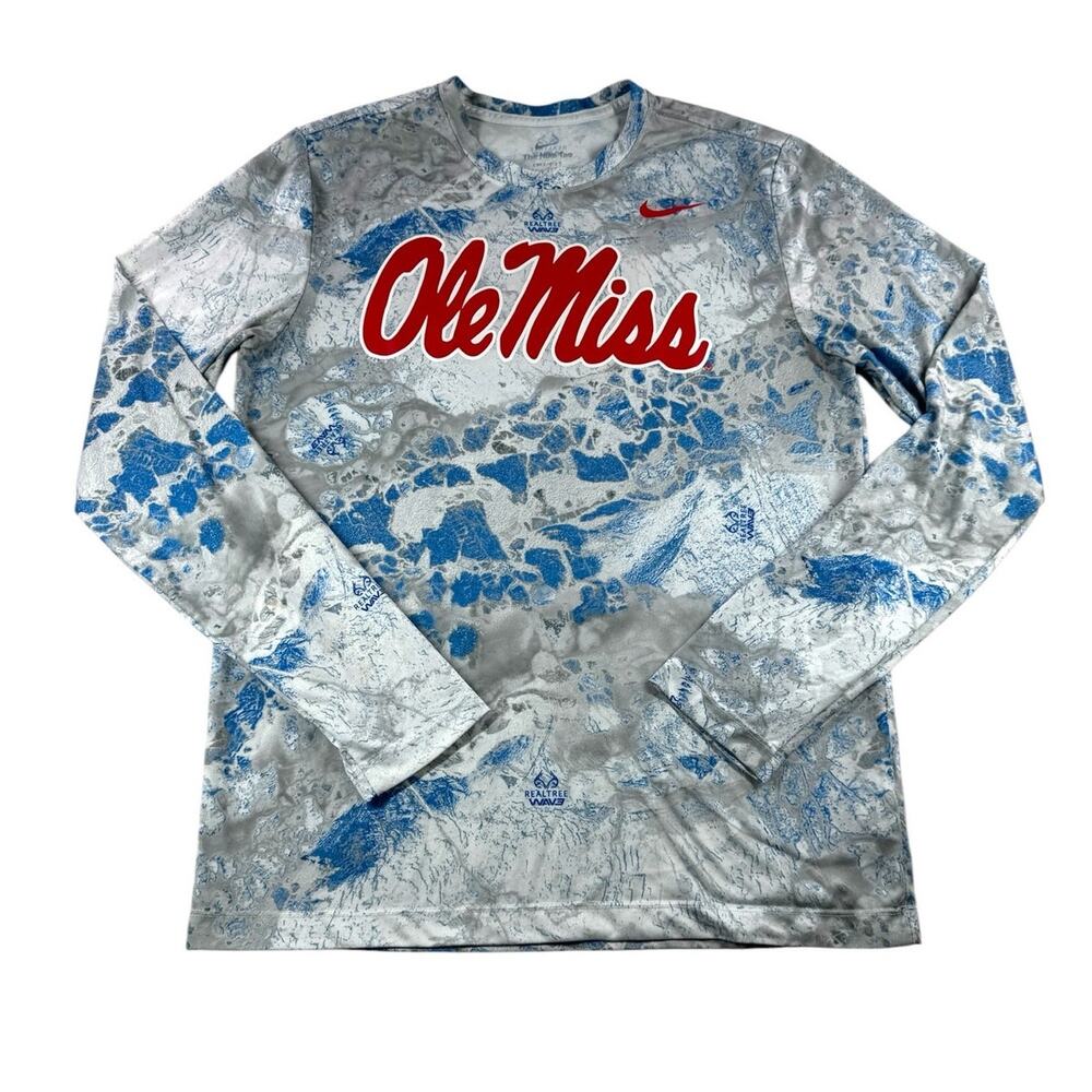 Nike Ole Miss Rebels Mens M Dri-Fit RealTree Camo Long Sleeve Shirt Blue White